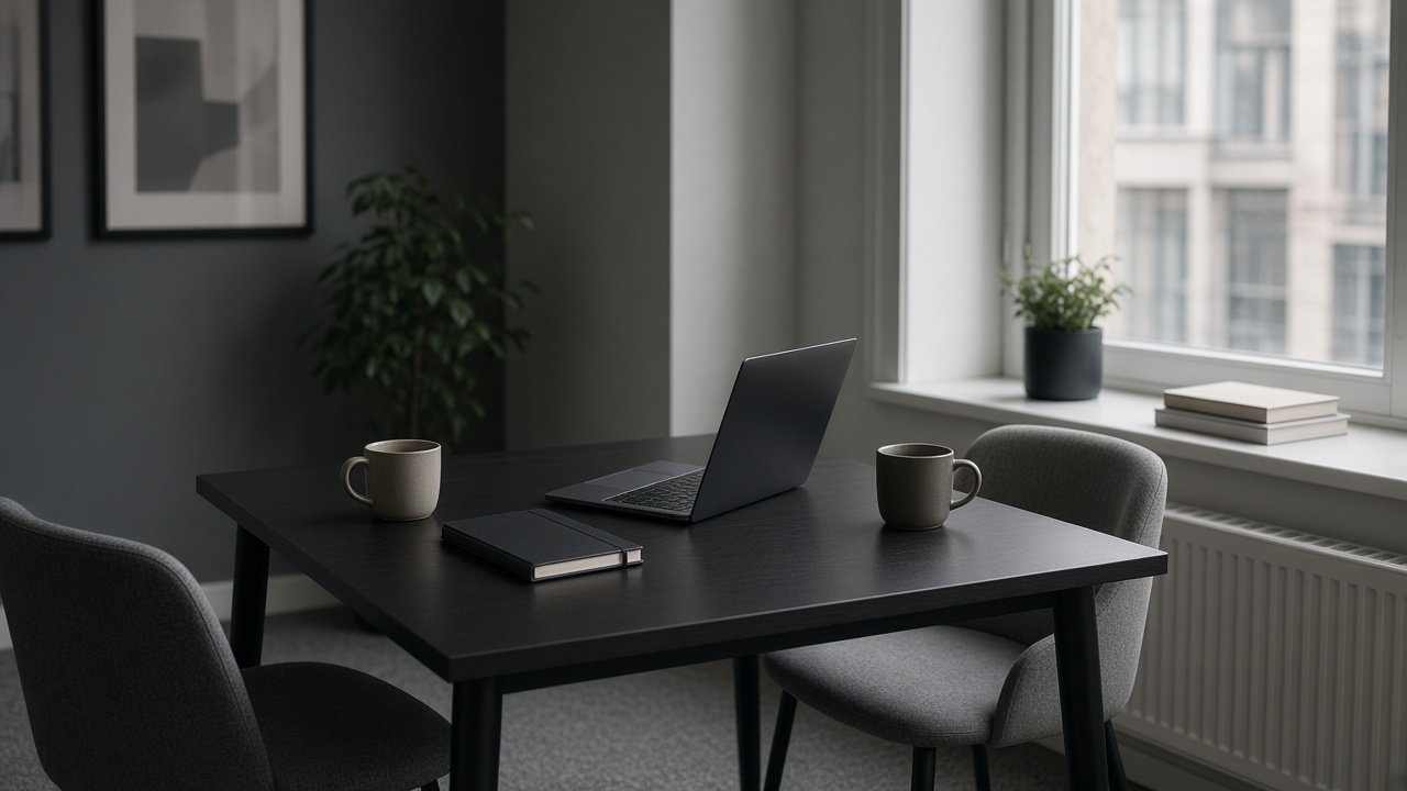 A small meeting table set for a remote consultancy call