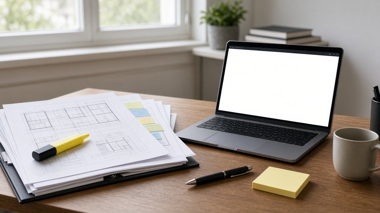 Tender papers and a laptop on a desk ready for a scoping call
