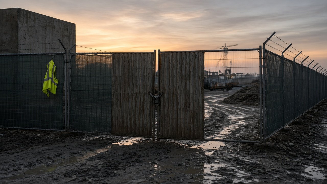A locked construction site gate at dawn