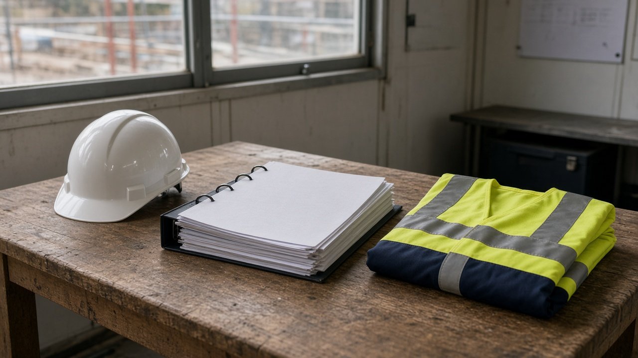 A site cabin table with a hard hat, method statement pack and hi-vis jacket