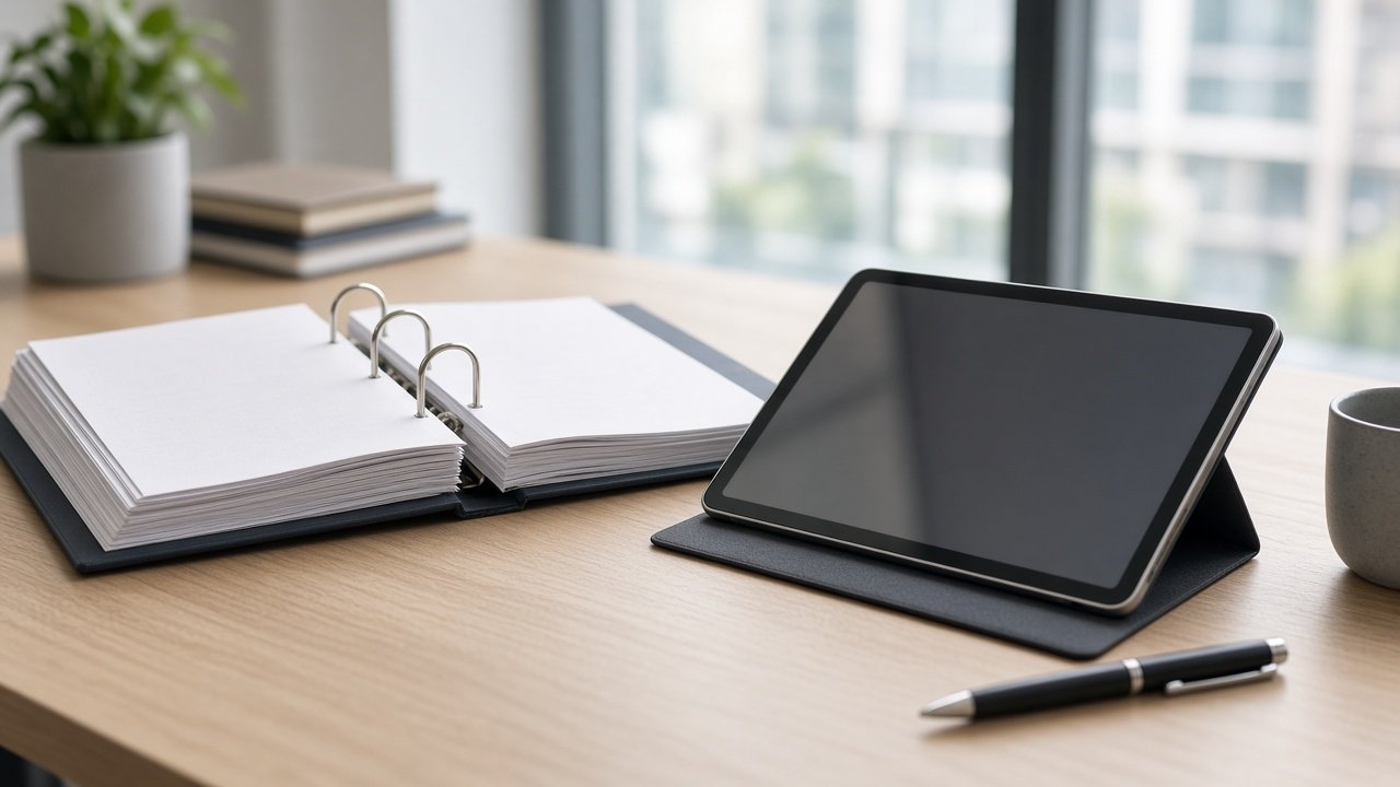 An open management-system folder beside a tablet