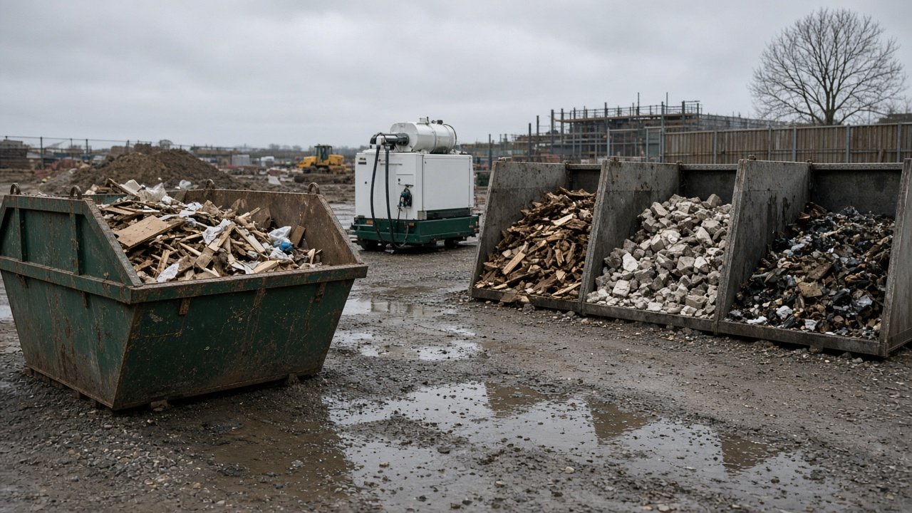 Segregated construction waste skips in a yard