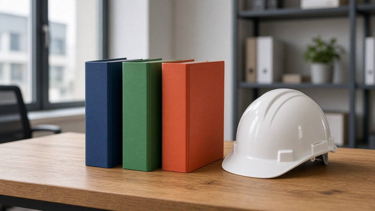Three colour-coded binders and a hard hat on a desk