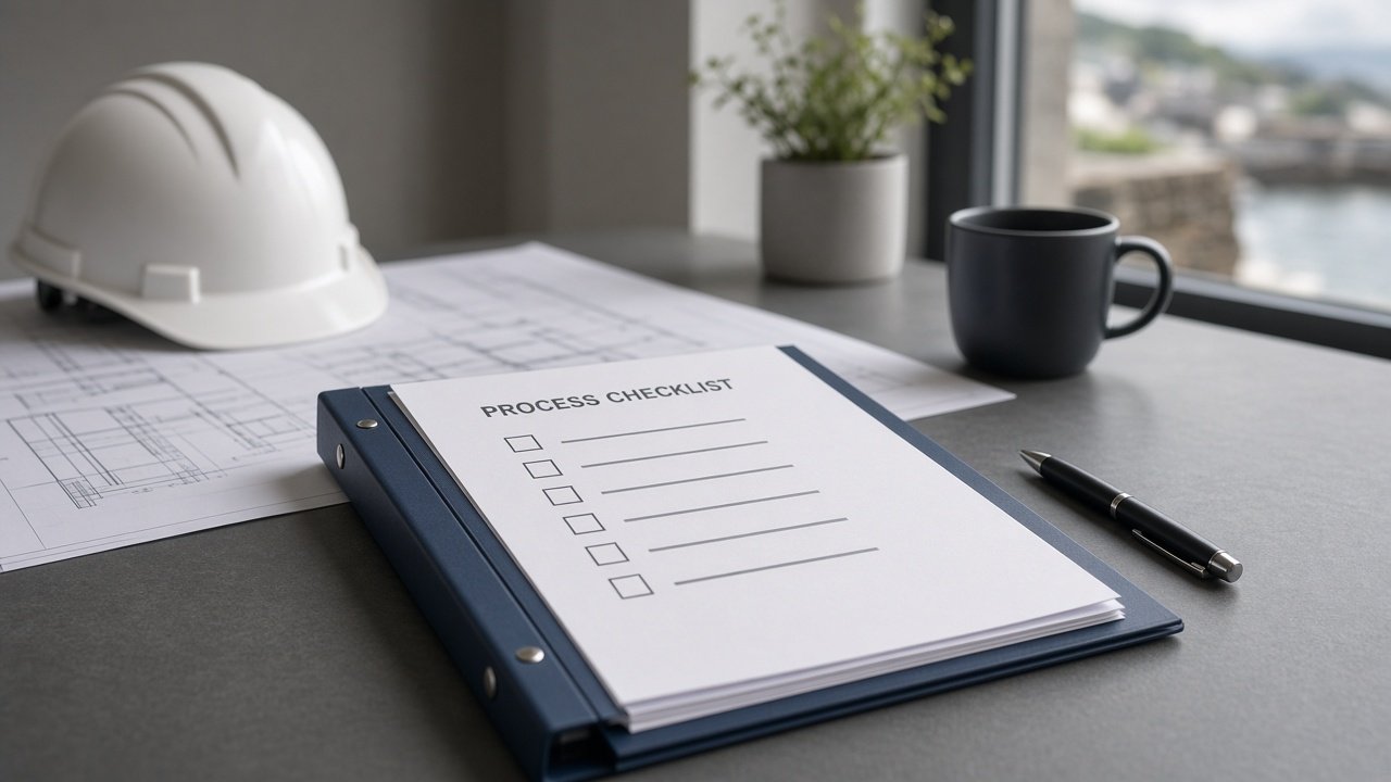Process checklist and hard hat on a construction office desk for ISO 9001:2026