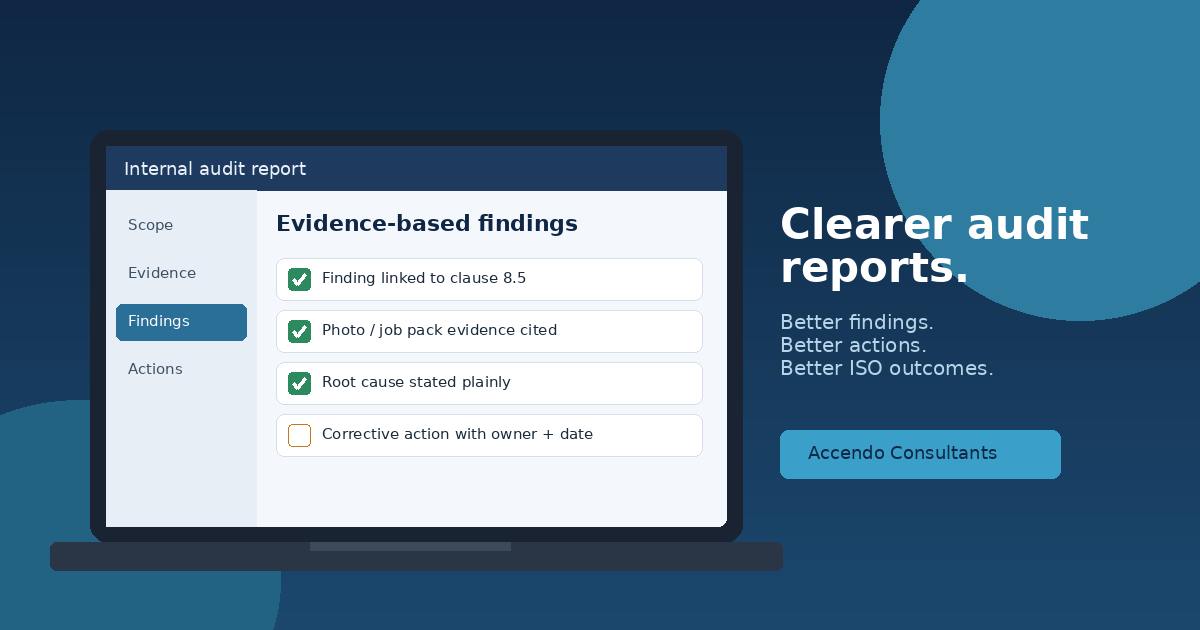 Laptop dashboard showing an evidence-based ISO internal audit report checklist with findings and corrective actions