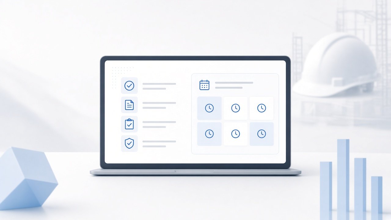 Laptop checklist and time blocks for resourcing ISO 9001 evidence on a construction SME