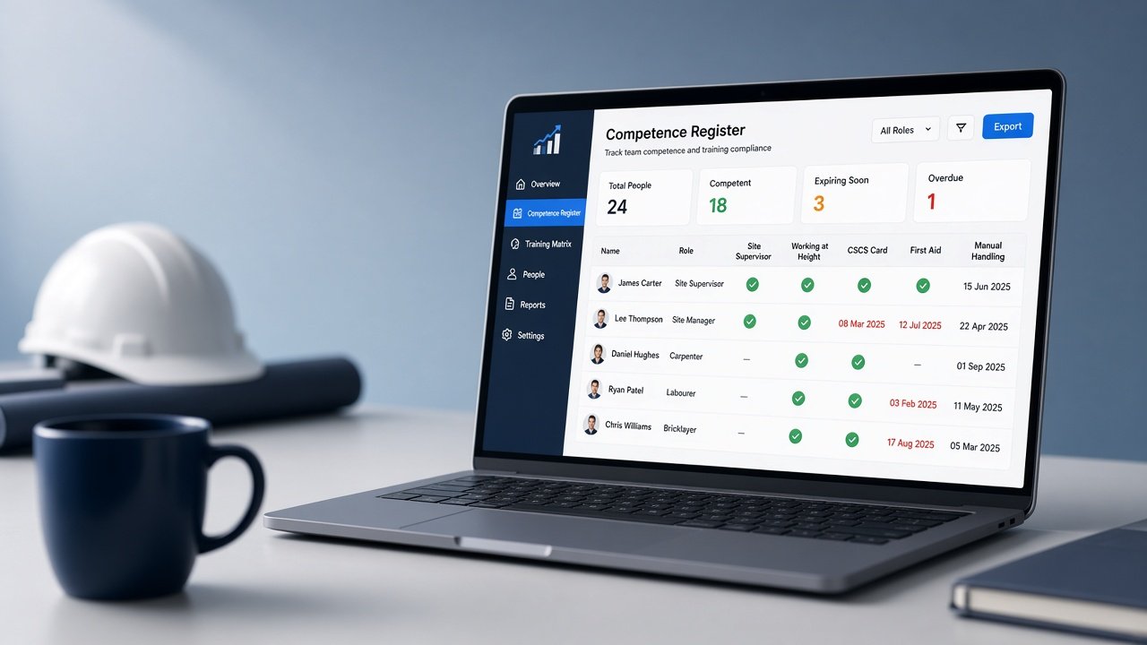 Digital competence register on a laptop for a construction SME ISO system