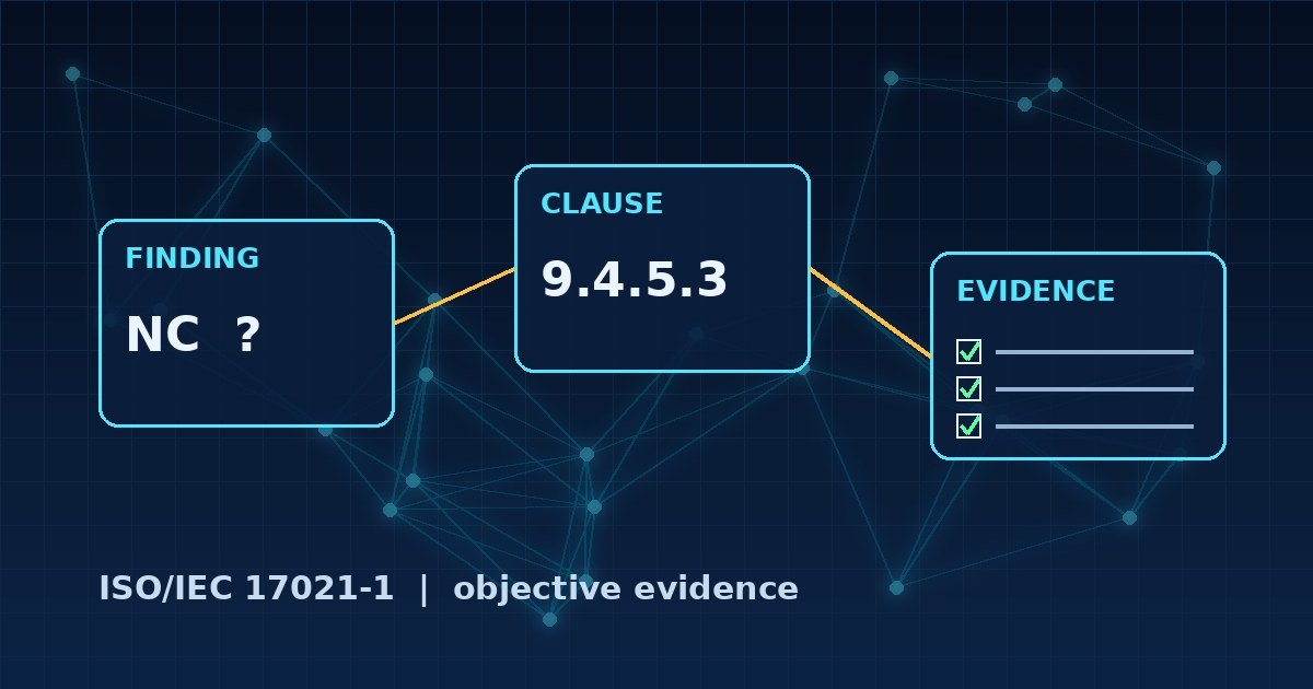 Abstract digital graphic of an audit finding linked to a clause reference and an evidence checklist on a dark blue grid