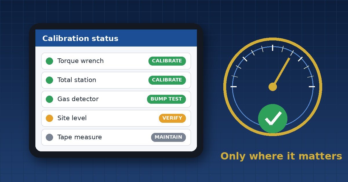 Digital tablet showing a calibration status list for construction tools beside a measuring gauge with a green tick