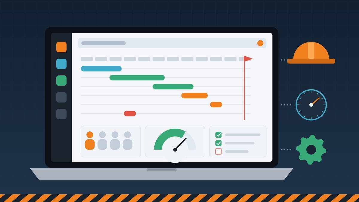 Laptop dashboard showing an ISO audit year planned back from an assessment date, with team capacity, a progress gauge, a checklist, a hard hat and a calibration dial